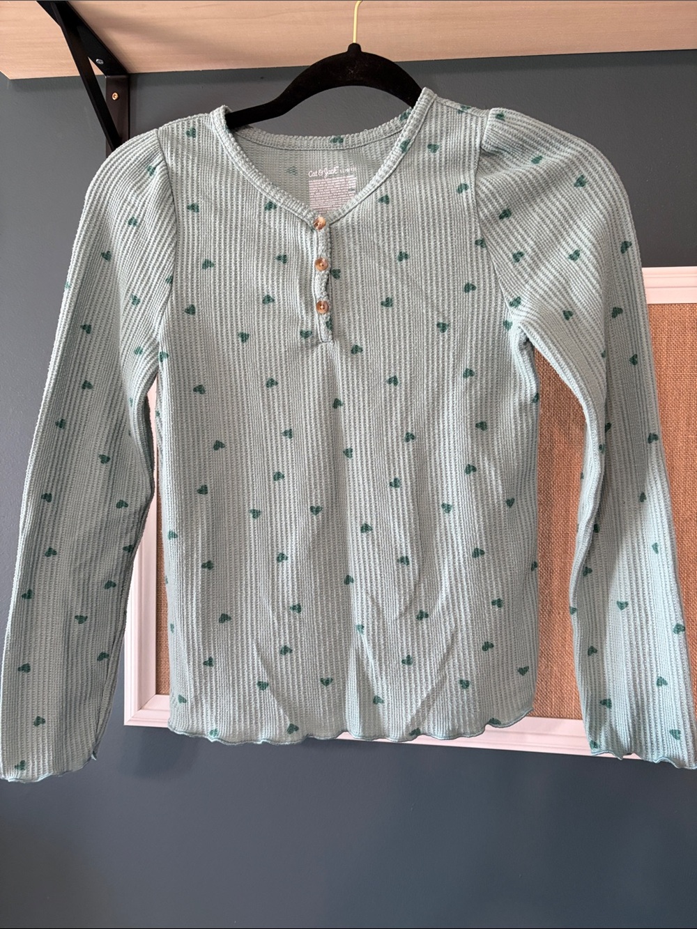 Cat & Jack Mint Green Ribbed Long-Sleeve Henley Top with Heart Dots